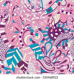Tracery seamless calming pattern. Mehndi design. Ethnic colorful doodle texture. Curved doodling background. Vector.