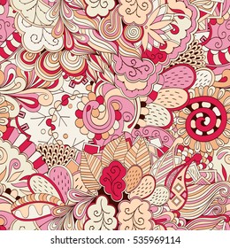 Tracery seamless calming pattern. Mehndi design. Ethnic colorful doodle texture. Curved doodling background. Vector.
