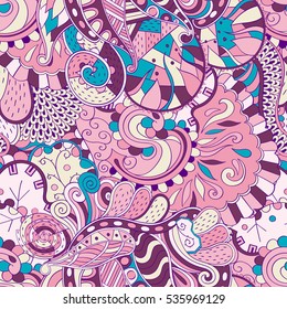 Tracery seamless calming pattern. Mehndi design. Ethnic colorful doodle texture. Curved doodling background. Vector.