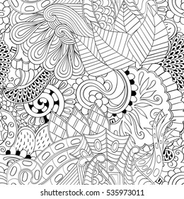 Tracery seamless calming pattern. Mehndi design. Ethnic monochrome binary doodle texture. Curved doodling black and white background. Vector.