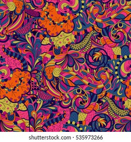 Tracery seamless calming pattern. Mehndi design. Ethnic colorful doodle texture. Curved doodling background. Vector.