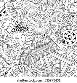 Tracery seamless calming pattern. Mehndi design. Ethnic monochrome binary doodle texture. Curved doodling black and white background. Vector.