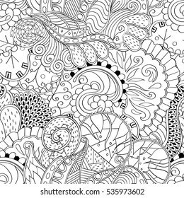 Tracery seamless calming pattern. Mehndi design. Ethnic monochrome binary doodle texture. Curved doodling black and white background. Vector.