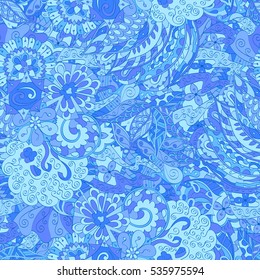 Tracery seamless calming pattern. Mehndi design. Ethnic colorful doodle texture. Curved doodling background. Vector.