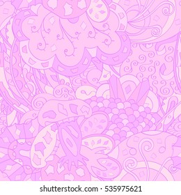 Tracery seamless calming pattern. Mehndi design. Ethnic colorful doodle texture. Curved doodling background. Vector.
