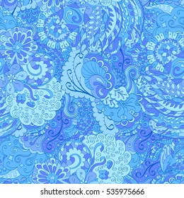 Tracery seamless calming pattern. Mehndi design. Ethnic colorful doodle texture. Curved doodling background. Vector.
