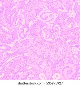 Tracery seamless calming pattern. Mehndi design. Ethnic colorful doodle texture. Curved doodling background. Vector.