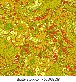 Tracery seamless calming pattern. Mehndi design. Ethnic colorful doodle texture. Curved doodling background. Vector.