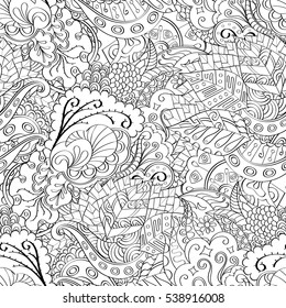 Tracery seamless calming pattern. Mehndi design. Ethnic monochrome binary doodle texture. Curved doodling black and white background. Vector.