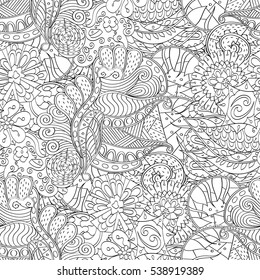Tracery seamless calming pattern. Mehndi design. Ethnic monochrome binary doodle texture. Curved doodling black and white background. Vector.