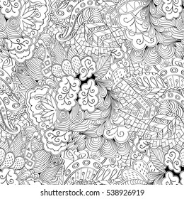 Tracery seamless calming pattern. Mehndi design. Ethnic monochrome binary doodle texture. Curved doodling black and white background. Vector.