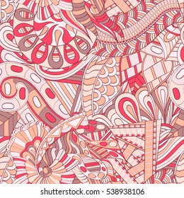 Tracery seamless calming pattern. Mehndi design. Ethnic colorful doodle texture. Curved doodling background. Vector.