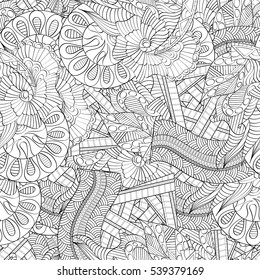 Tracery seamless calming pattern. Mehndi design. Ethnic monochrome binary doodle texture. Curved doodling black and white background. Vector.