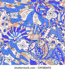 Tracery seamless calming pattern. Mehndi design. Ethnic colorful doodle texture. Curved doodling background. Vector.