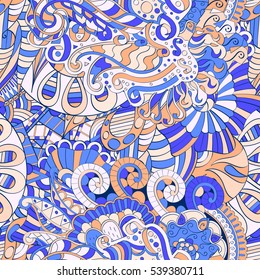 Tracery seamless calming pattern. Mehndi design. Ethnic colorful doodle texture. Curved doodling background. Vector.