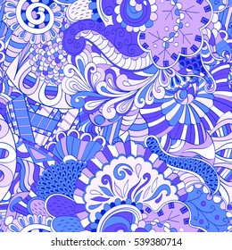 Tracery seamless calming pattern. Mehndi design. Ethnic colorful doodle texture. Curved doodling background. Vector.