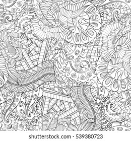 Tracery seamless calming pattern. Mehndi design. Ethnic colorful doodle texture. Curved doodling background. Vector.