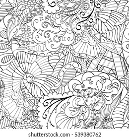 Tracery seamless calming pattern. Mehndi design. Ethnic monochrome binary doodle texture. Curved doodling black and white background. Vector.