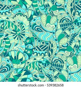 Tracery seamless calming pattern. Mehndi design. Ethnic colorful doodle texture. Curved doodling background. Vector.