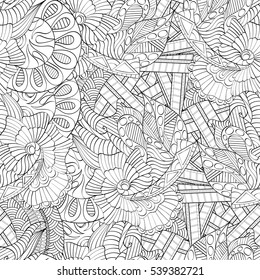 Tracery seamless calming pattern. Mehndi design. Ethnic monochrome binary doodle texture. Curved doodling black and white background. Vector.