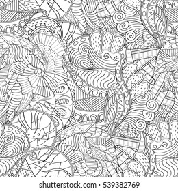 Tracery seamless calming pattern. Mehndi design. Ethnic monochrome binary doodle texture. Curved doodling black and white background. Vector.