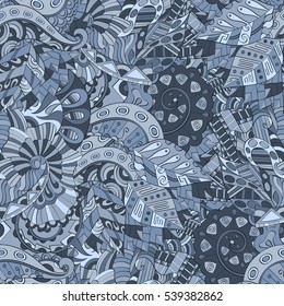 Tracery seamless calming pattern. Mehndi design. Ethnic colorful doodle texture. Curved doodling background. Vector.
