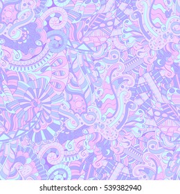 Tracery seamless calming pattern. Mehndi design. Ethnic colorful doodle texture. Curved doodling background. Vector.