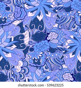 Tracery seamless calming pattern. Mehndi design. Ethnic colorful doodle texture. Curved doodling background. Vector.