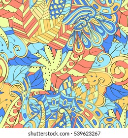 Tracery seamless calming pattern. Mehndi design. Ethnic colorful doodle texture. Curved doodling background. Vector.