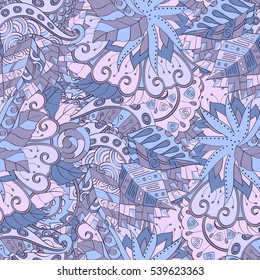 Tracery seamless calming pattern. Mehndi design. Ethnic colorful doodle texture. Curved doodling background. Vector.