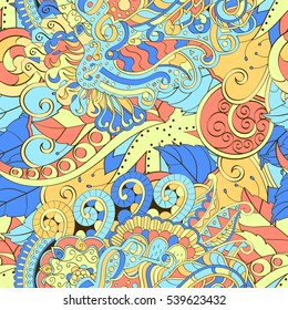 Tracery seamless calming pattern. Mehndi design. Ethnic colorful doodle texture. Curved doodling background. Vector.