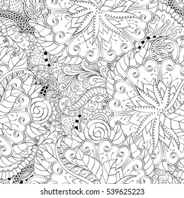 Tracery seamless calming pattern. Mehndi design. Ethnic monochrome binary doodle texture. Curved doodling black and white background. Vector.