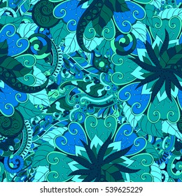 Tracery seamless calming pattern. Mehndi design. Ethnic colorful doodle texture. Curved doodling background. Vector.