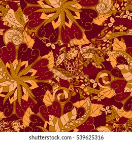 Tracery seamless calming pattern. Mehndi design. Ethnic colorful doodle texture. Curved doodling background. Vector.