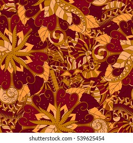 Tracery seamless calming pattern. Mehndi design. Ethnic colorful doodle texture. Curved doodling background. Vector.