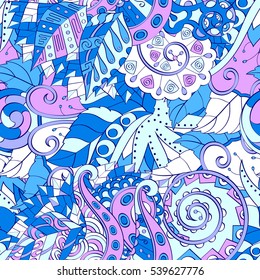 Tracery seamless calming pattern. Mehndi design. Ethnic colorful doodle texture. Curved doodling background. Vector.