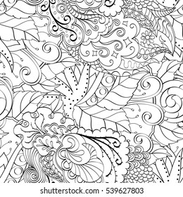 Tracery seamless calming pattern. Mehndi design. Ethnic monochrome binary doodle texture. Curved doodling black and white background. Vector.
