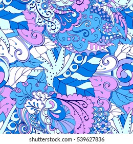 Tracery seamless calming pattern. Mehndi design. Ethnic colorful doodle texture. Curved doodling background. Vector.