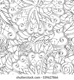 Tracery seamless calming pattern. Mehndi design. Ethnic monochrome binary doodle texture. Curved doodling black and white background. Vector.