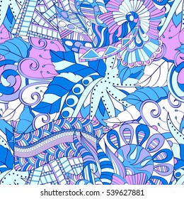 Tracery seamless calming pattern. Mehndi design. Ethnic colorful doodle texture. Curved doodling background. Vector.