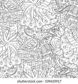 Tracery seamless calming pattern. Mehndi design. Ethnic monochrome binary doodle texture. Curved doodling black and white background. Vector.