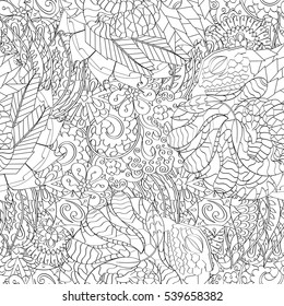 Tracery seamless calming pattern. Mehndi design. Ethnic monochrome binary doodle texture. Curved doodling black and white background. Vector.