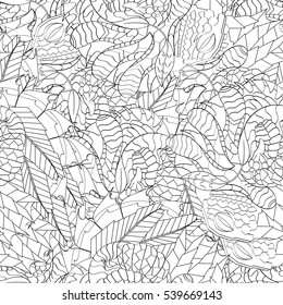 Tracery seamless calming pattern. Mehndi design. Ethnic monochrome binary doodle texture. Curved doodling black and white background. Vector.