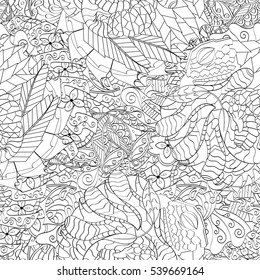 Tracery seamless calming pattern. Mehndi design. Ethnic monochrome binary doodle texture. Curved doodling black and white background. Vector.