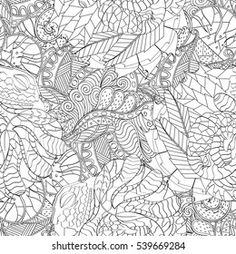 Tracery seamless calming pattern. Mehndi design. Ethnic monochrome binary doodle texture. Curved doodling black and white background. Vector.