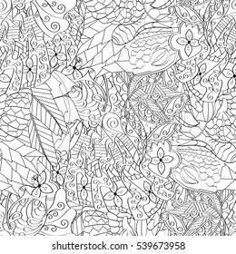 Tracery seamless calming pattern. Mehndi design. Ethnic monochrome binary doodle texture. Curved doodling black and white background. Vector.