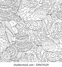 Tracery seamless calming pattern. Mehndi design. Ethnic monochrome binary doodle texture. Curved doodling black and white background. Vector.