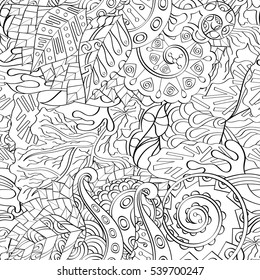 Tracery seamless calming pattern. Mehndi design. Ethnic monochrome binary doodle texture. Curved doodling black and white background. Vector.