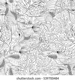 Tracery seamless calming pattern. Mehndi design. Ethnic monochrome binary doodle texture. Curved doodling black and white background. Vector.