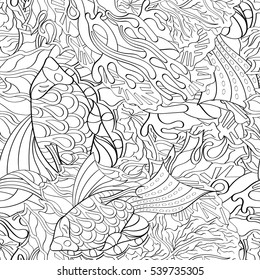 Tracery seamless calming pattern. Mehndi design. Ethnic monochrome binary doodle texture. Curved doodling black and white background. Vector.